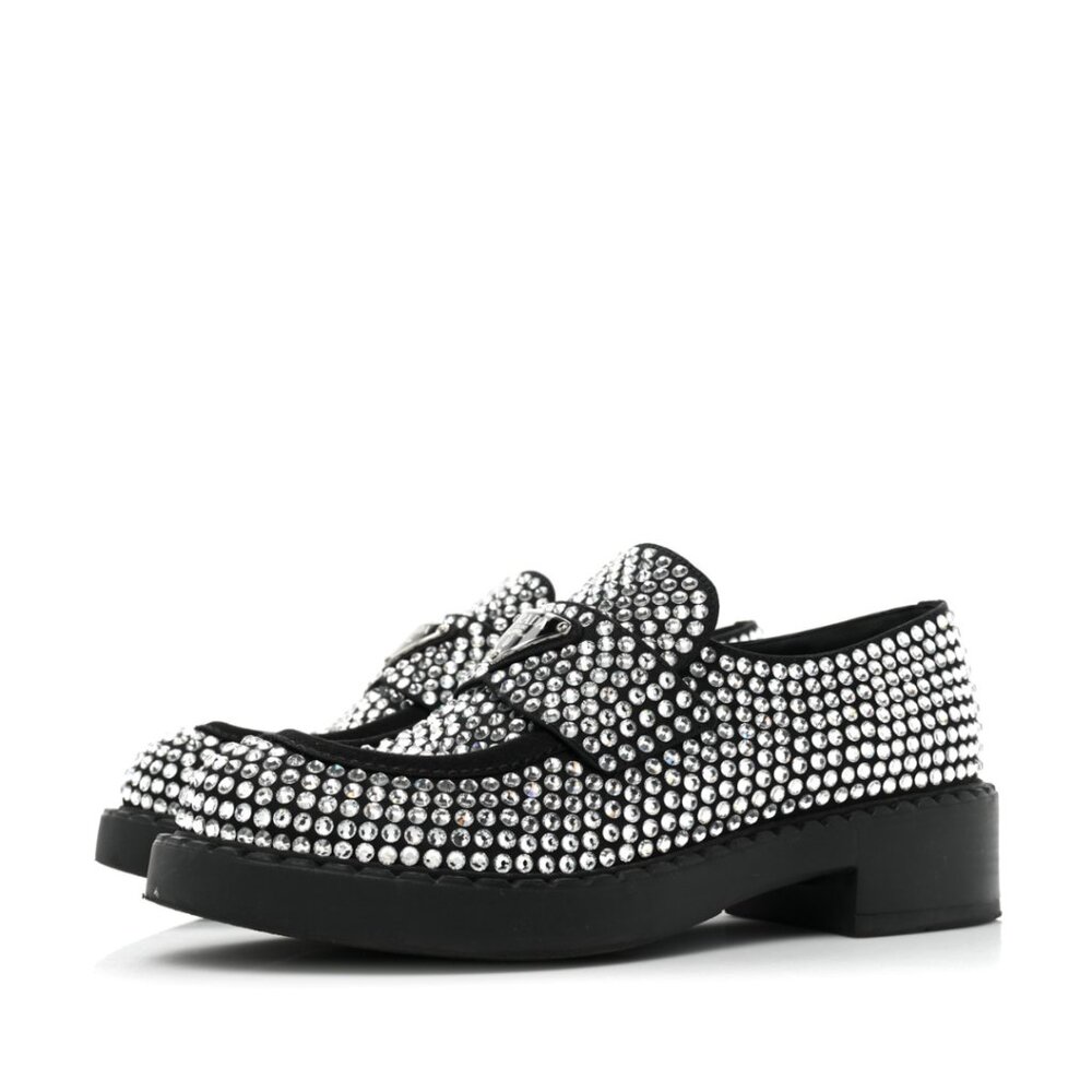 Prada Loafers Black Satin Crystal Embellished Metal Triangle Logo Sz 37